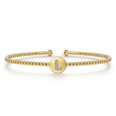 14K Yellow Gold Round L Initial Diamond Bujukan Cuff Bracelet