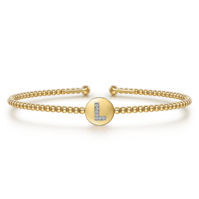 14K Yellow Gold Round L Initial Diamond Bujukan Cuff Bracelet - 0.03 ct - Shot 1