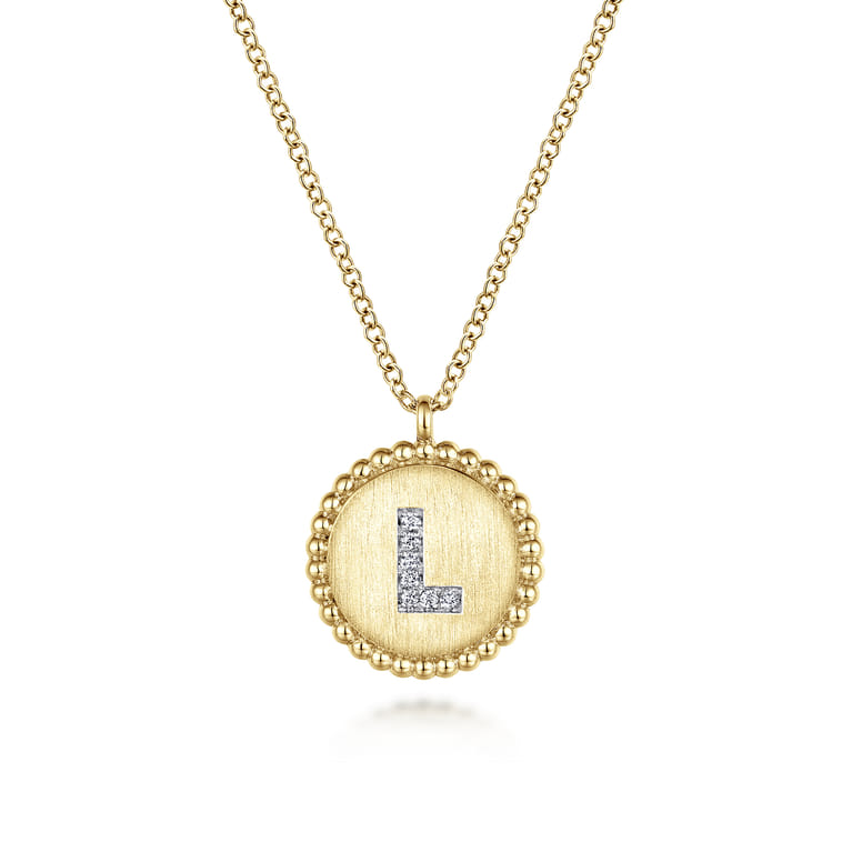 14K Yellow Gold Round L Initial Pendant Necklace with Diamonds - 0.03 ct - Shot 1