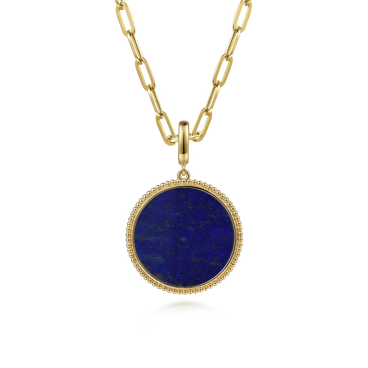 14K Yellow Gold Round Lapis Inlay Medallion Pendant in size 24mm With Detachable Bail - Shot 3
