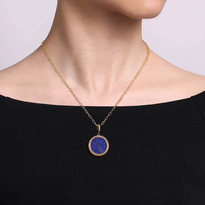 14K Yellow Gold Round Lapis Inlay Pendant With Detachable Bail