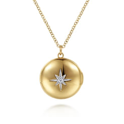 14K Yellow Gold Round Locket Pendant Necklace with Diamond Star Center