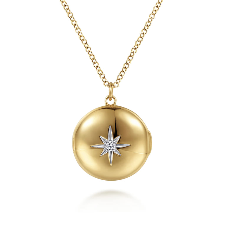14K Yellow Gold Round Locket Pendant Necklace with Diamond Star Center - 0.03 ct - Shot 1