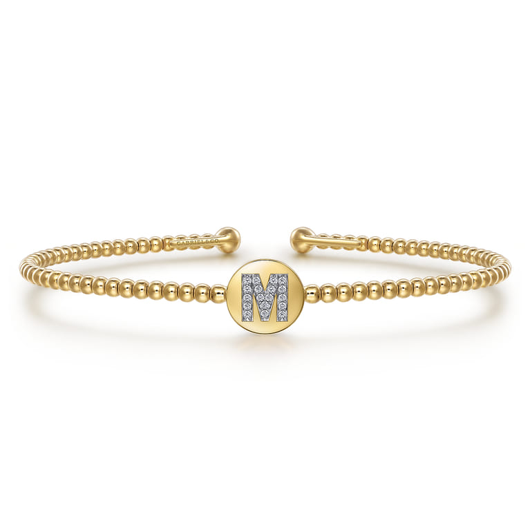 14K Yellow Gold Round M Initial Diamond Bujukan Cuff Bracelet - 0.07 ct - Shot 1