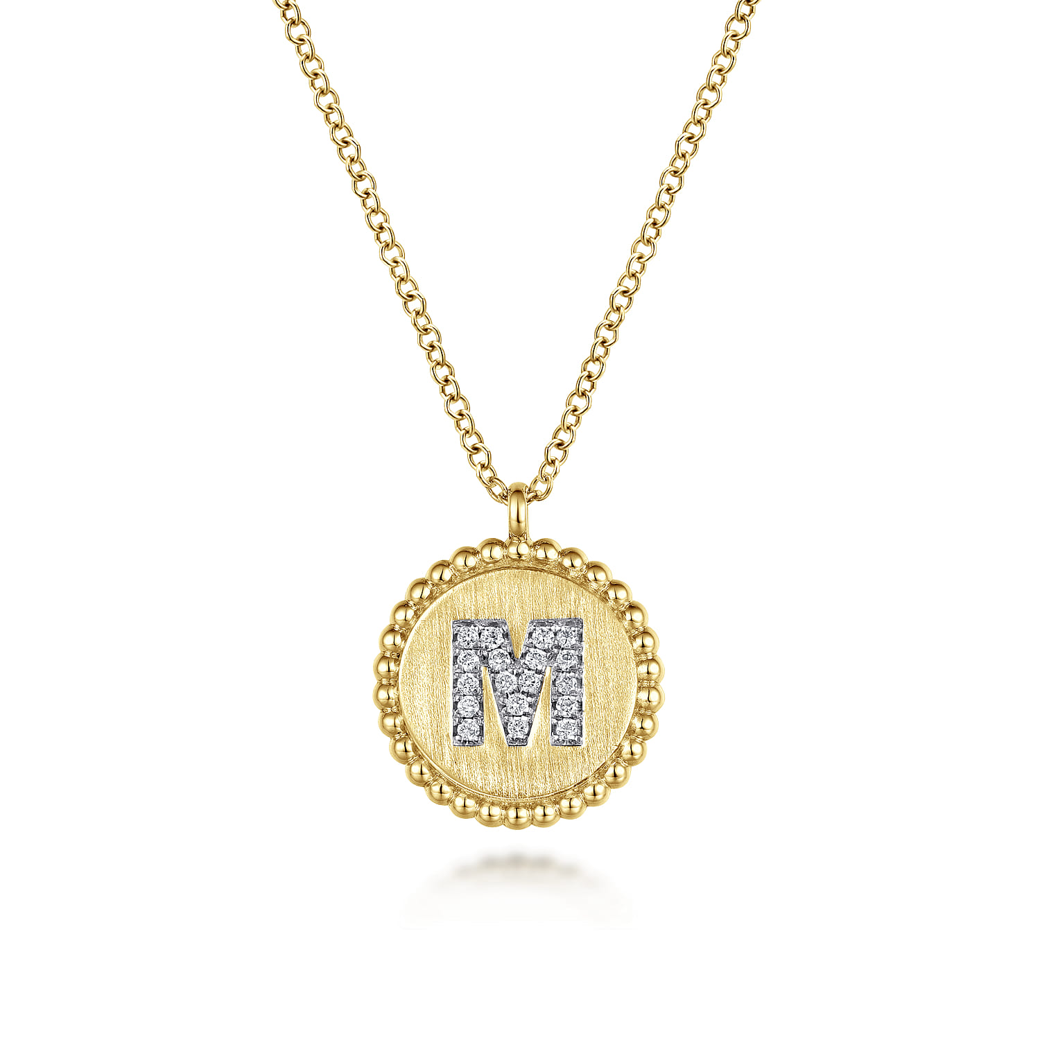 14K Yellow Gold Round M Initial Pendant Necklace with Diamonds - 0.07 ct - Shot 1