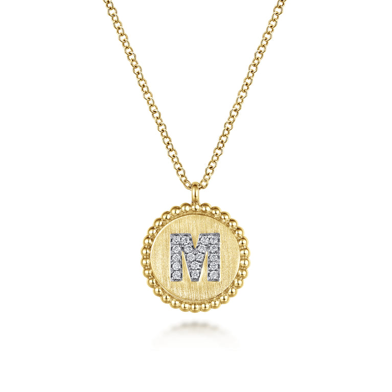 14K Yellow Gold Round M Initial Pendant Necklace with Diamonds - 0.07 ct - Shot 1