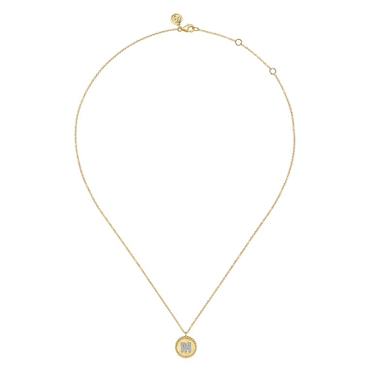 14K Yellow Gold Round M Initial Pendant Necklace with Diamonds - 0.07 ct - Shot 2