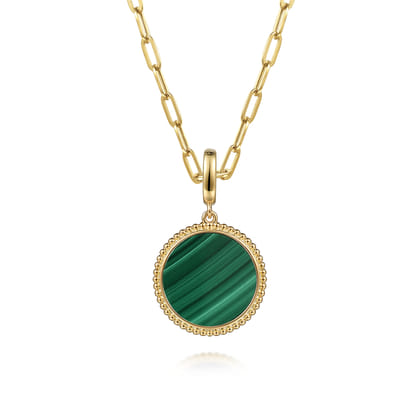 14K Yellow Gold Round Malachite Inlay Pendant With Detachable Bail