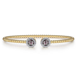 14K Yellow Gold Round Manmade Alexandrite and Diamond Halo Bujukan Bangle