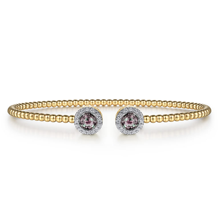 14K Yellow Gold Round Manmade Alexandrite and Diamond Halo Bujukan Bangle - 0.16 ct - Shot 1