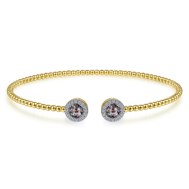 14K Yellow Gold Round Manmade Alexandrite and Diamond Halo Bujukan Bangle - 0.16 ct - Shot 1