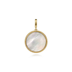 14K Yellow Gold Round Mother of Pearl Inlay Pendant With Detachable Bail