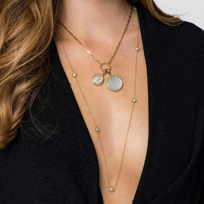 14K Yellow Gold Round Mother of Pearl Inlay Pendant With Detachable Bail