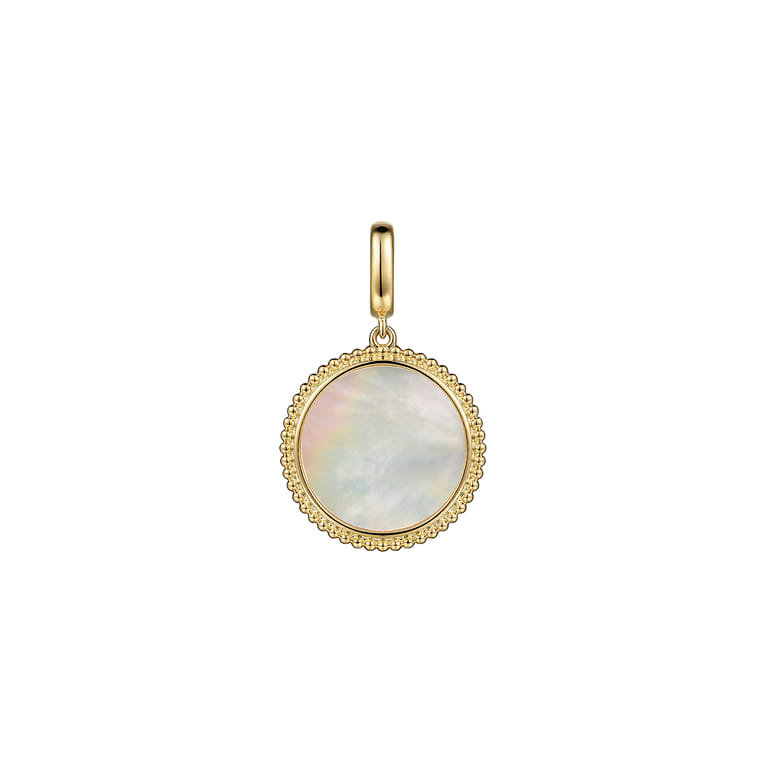 14K Yellow Gold Round Mother of Pearl Inlay Pendant With Detachable Bail - Shot 1