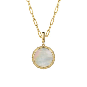 14K Yellow Gold Round Mother of Pearl Inlay Pendant With Detachable Bail