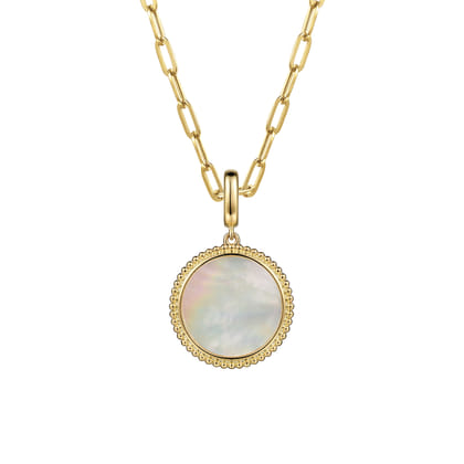 14K Yellow Gold Round Mother of Pearl Inlay Pendant With Detachable Bail