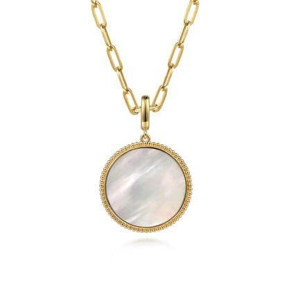 14K Yellow Gold Round Mother of Pearl Inlay Pendant with Detachable Bail