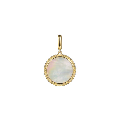 14K Yellow Gold Round Mother of Pearl Inlay Pendant with Detachable Bail