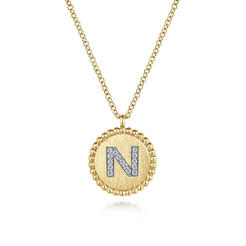 14K Yellow Gold Round N Initial Pendant Necklace with Diamonds