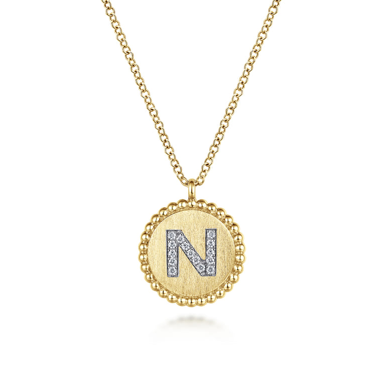 14K Yellow Gold Round N Initial Pendant Necklace with Diamonds - 0.06 ct - Shot 1
