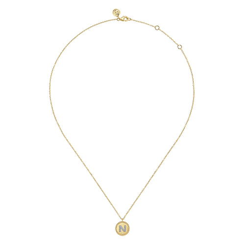 14K Yellow Gold Round N Initial Pendant Necklace with Diamonds - 0.06 ct - Shot 2