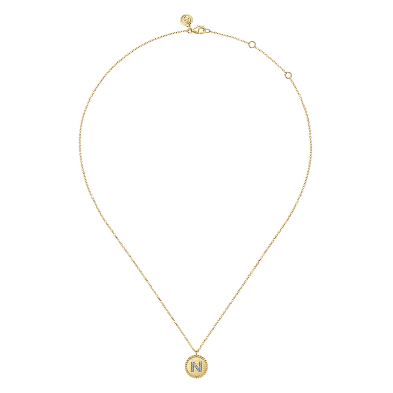 14K Yellow Gold Round N Initial Pendant Necklace with Diamonds - 0.06 ct - Shot 2