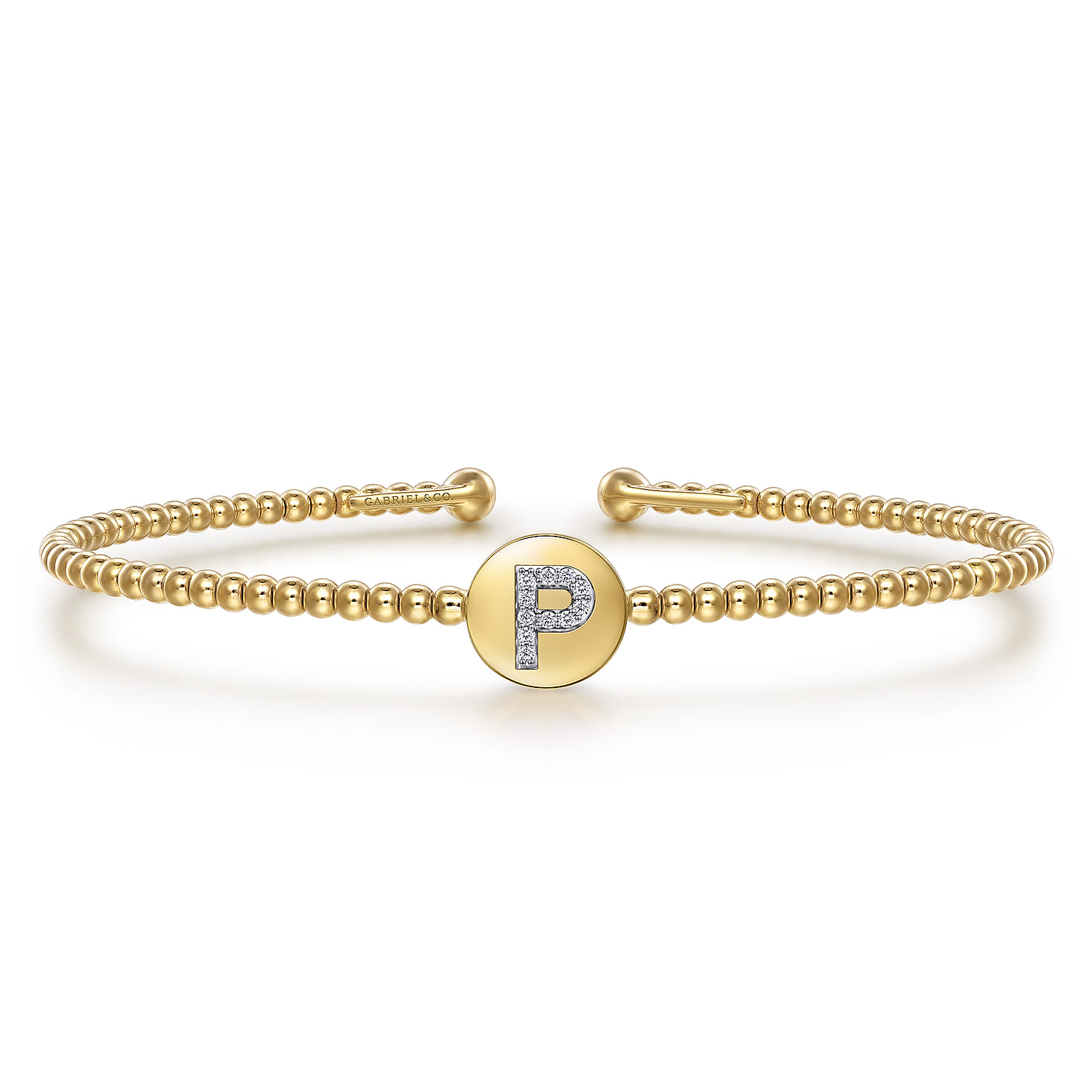 14K Yellow Gold Round P Initial Diamond Bujukan Cuff Bracelet - 0.04 ct - Shot 1