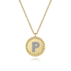 14K Yellow Gold Round P Initial Pendant Necklace with Diamonds