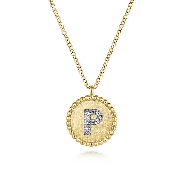 14K Yellow Gold Round P Initial Pendant Necklace with Diamonds - 0.04 ct - Shot 1