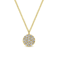 14K Yellow Gold Round Pavé Diamond Disc Pendant Necklace
