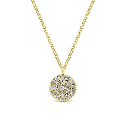 14K Yellow Gold Round Pave Diamond Disc Pendant Necklace