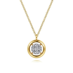 14K Yellow Gold Round Pavé Diamond Floating Pendant Necklace with Wide Border