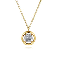 14K Yellow Gold Round Pave Diamond Floating Pendant Necklace with Wide Border