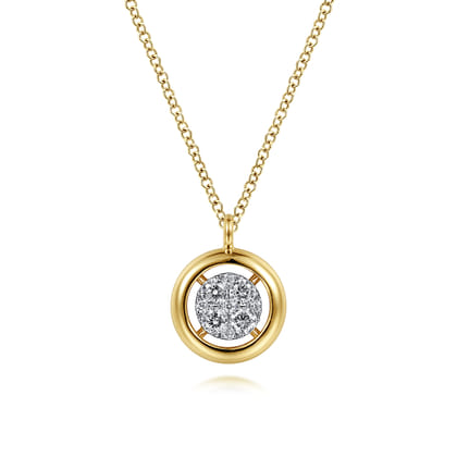 14K Yellow Gold Round Pave Diamond Floating Pendant Necklace with Wide Border