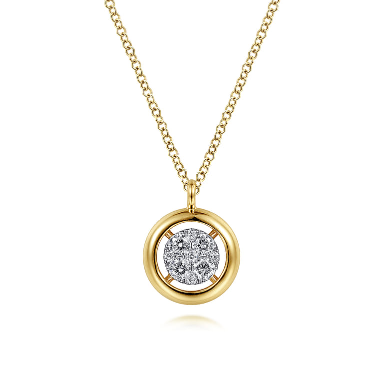 14K Yellow Gold Round Pave Diamond Floating Pendant Necklace with Wide Border - 0.3 ct - Shot 1