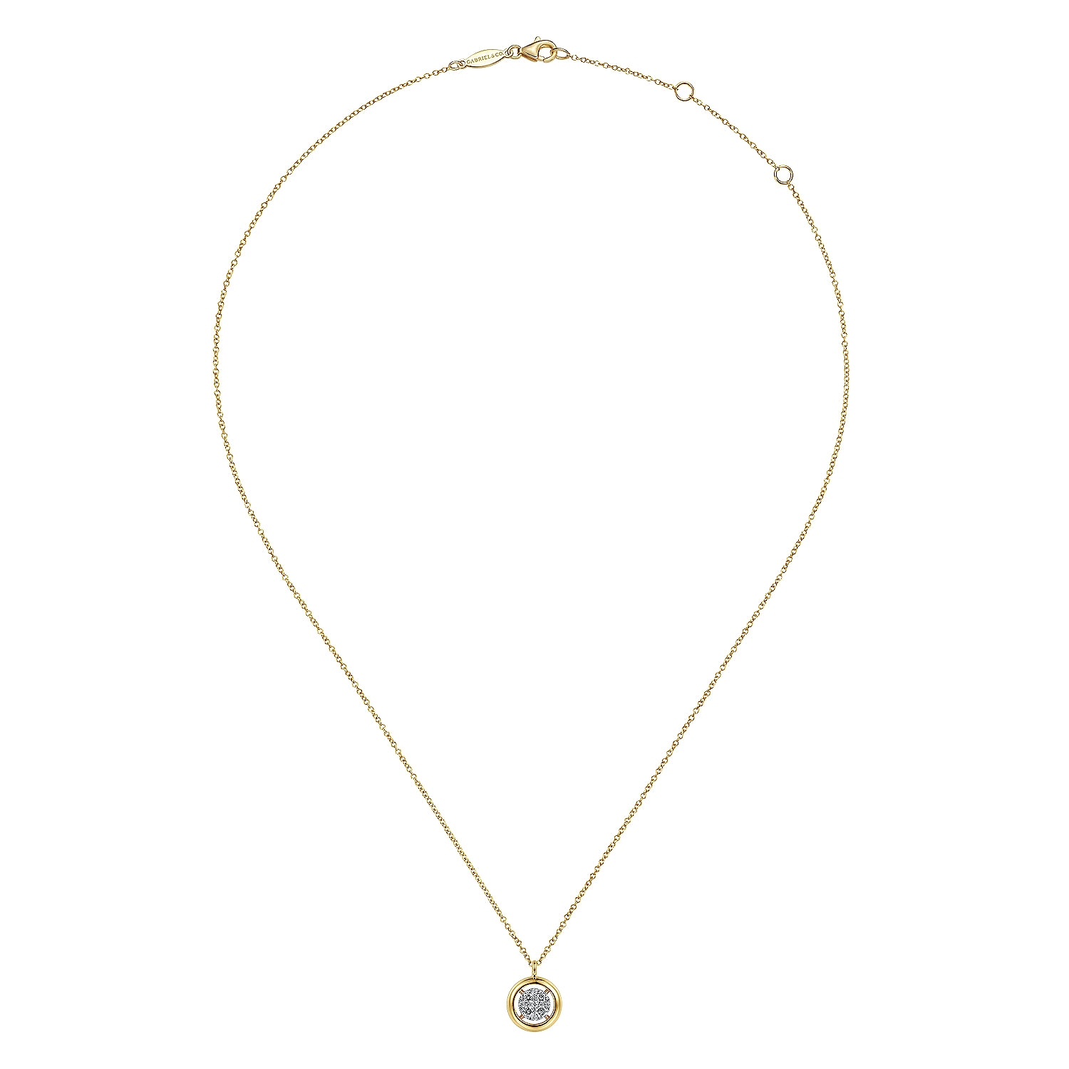 14K Yellow Gold Round Pave Diamond Floating Pendant Necklace with Wide Border - 0.3 ct - Shot 2