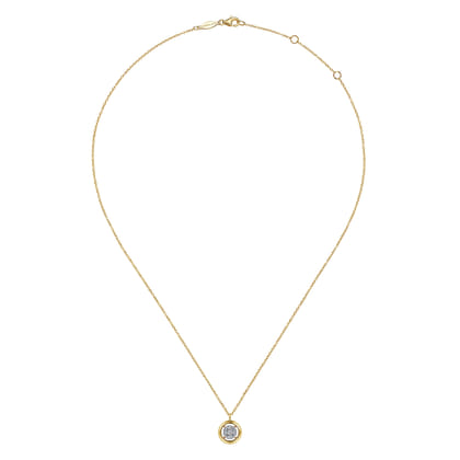 14K Yellow Gold Round Pave Diamond Floating Pendant Necklace with Wide Border