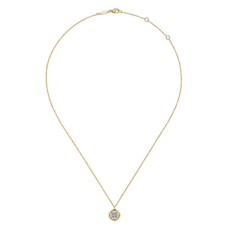 14K Yellow Gold Round Pave Diamond Floating Pendant Necklace with Wide Border - 0.3 ct - Shot 2