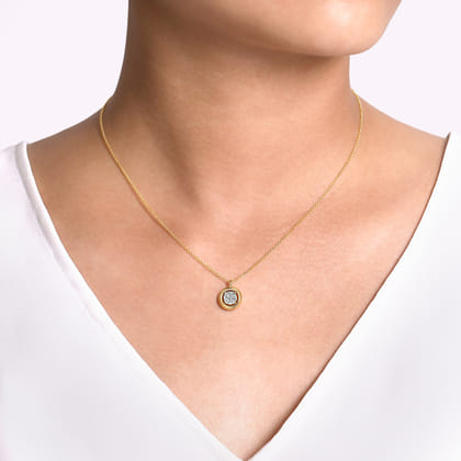 14K Yellow Gold Round Pave Diamond Floating Pendant Necklace with Wide Border