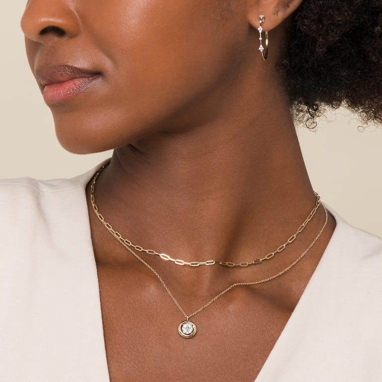 14K Yellow Gold Round Pave Diamond Floating Pendant Necklace with Wide Border - 0.3 ct - Shot 4