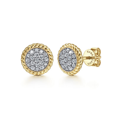 14K Yellow Gold Round Pave Diamond Stud Earrings