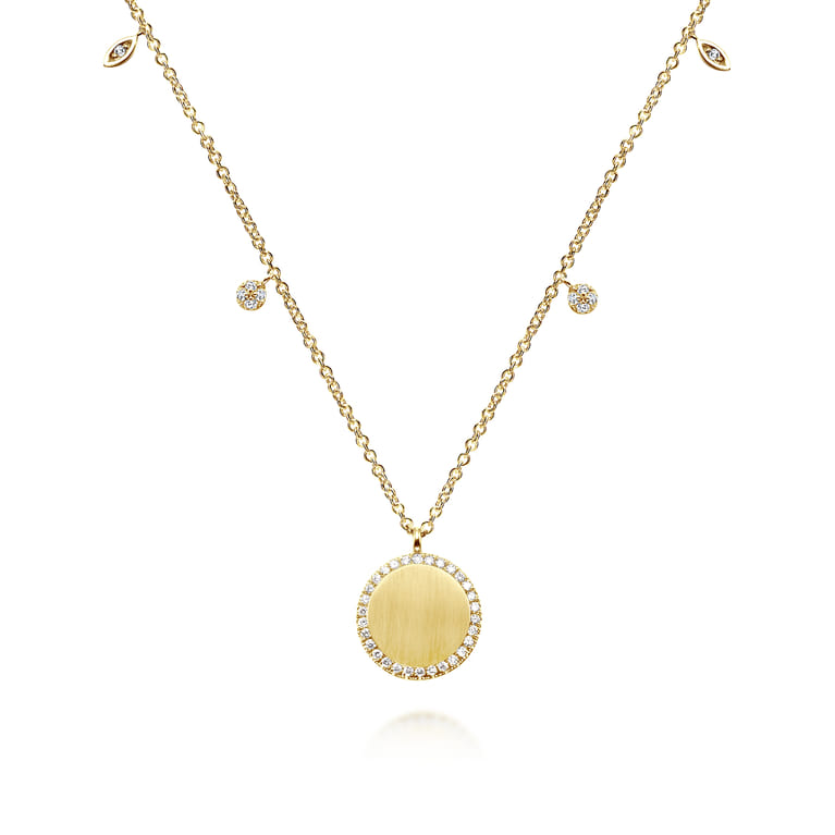 14K Yellow Gold Round Pendant Necklace with Diamond Halo - 0.12 ct - Shot 1