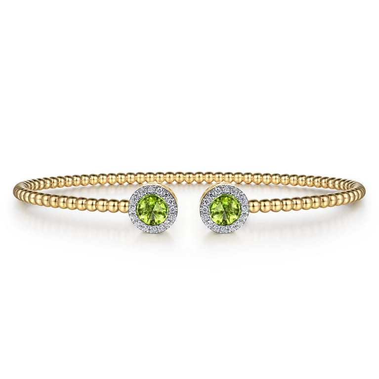 14K Yellow Gold Round Peridot and Diamond Halo Bujukan Bangle - 0.16 ct - Shot 1