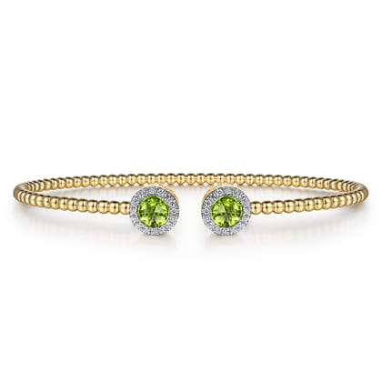 14K Yellow Gold Round Peridot and Diamond Halo Bujukan Bangle
