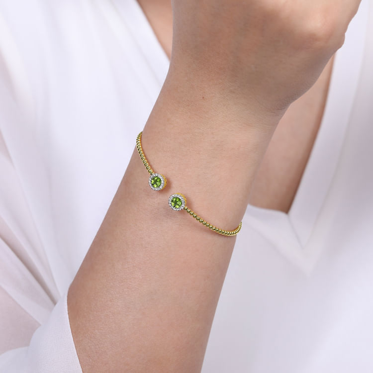 14K Yellow Gold Round Peridot and Diamond Halo Bujukan Bangle