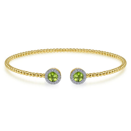 14K Yellow Gold Round Peridot and Diamond Halo Bujukan Bangle