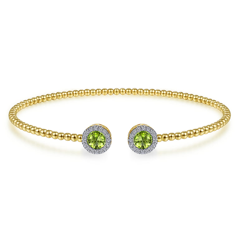 14K Yellow Gold Round Peridot and Diamond Halo Bujukan Bangle - 0.16 ct - Shot 1