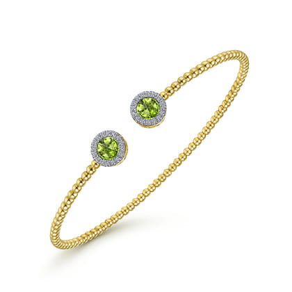 14K Yellow Gold Round Peridot and Diamond Halo Bujukan Bangle