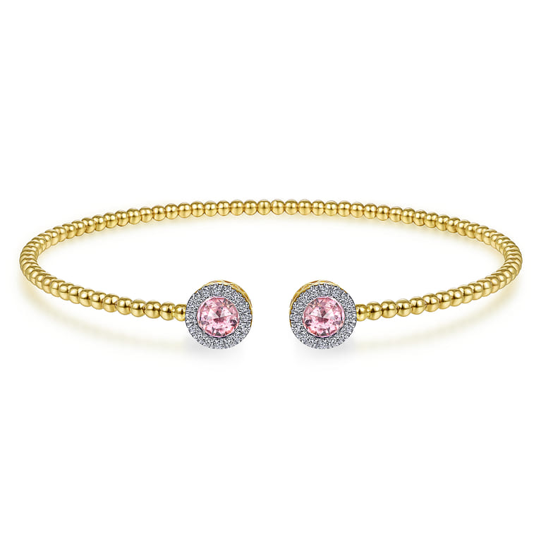 14K Yellow Gold Round Pink Created Cubic Zirconia and Diamond Halo Bujukan Bangle - 0.16 ct - Shot 1