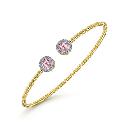 14K Yellow Gold Round Pink Created Zircon and Diamond Halo Bujukan Bangle